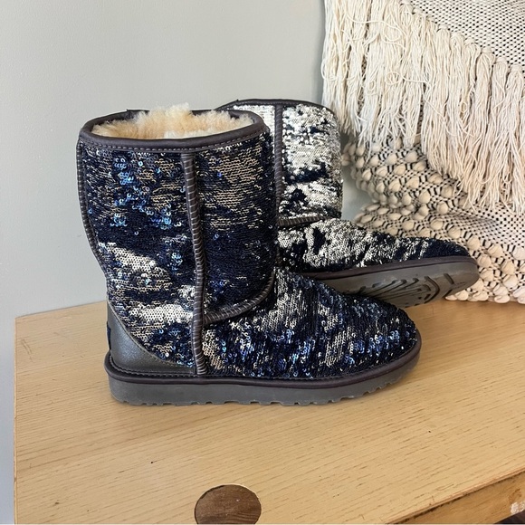 UGG Blue Sequin Fur Boots size 7 - Picture 2 of 8